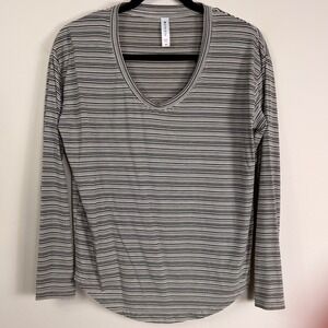 Athleta Women Black White Striped Breezy Scoop Neck Long Sleeve Top XS